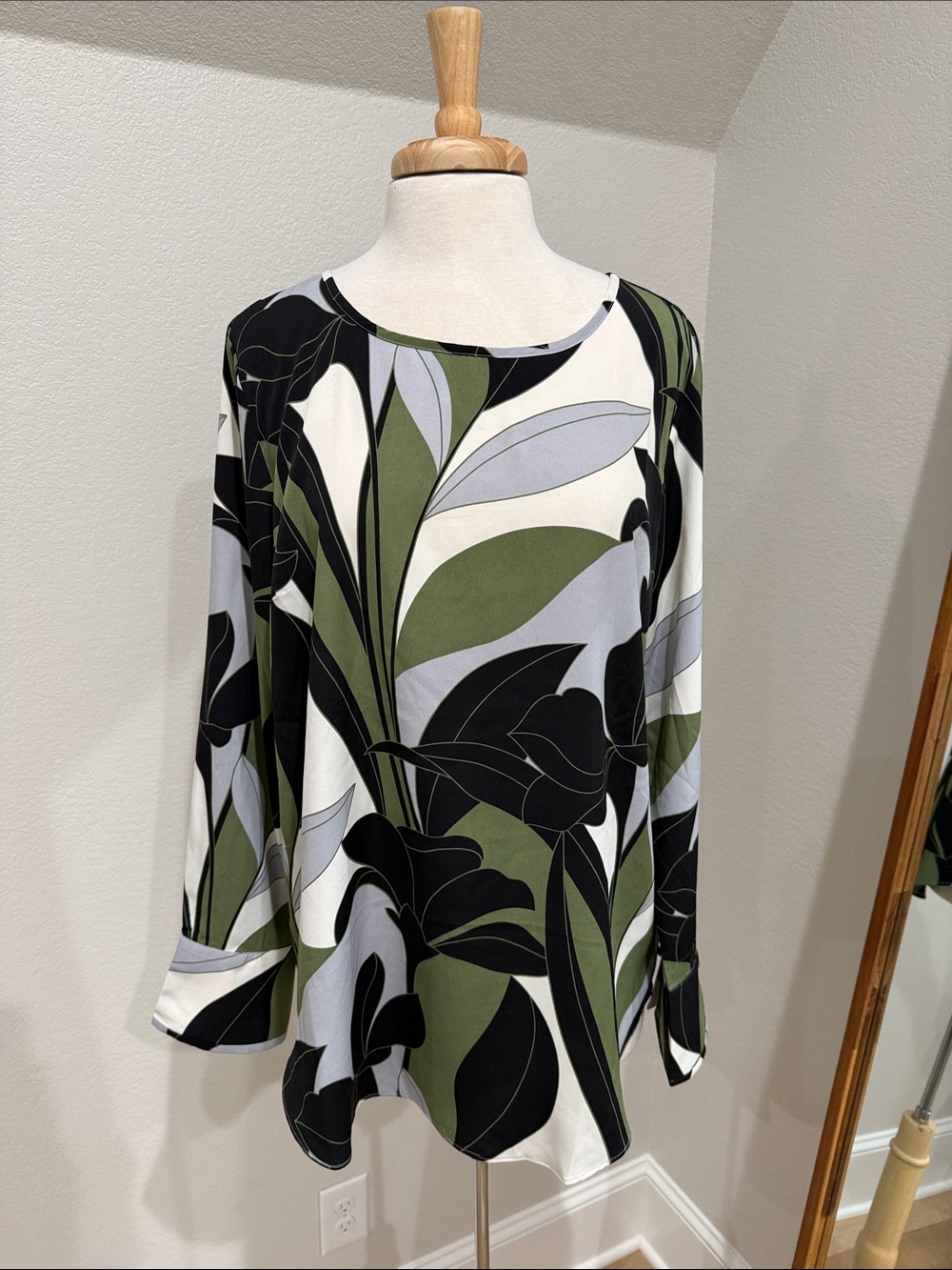 Ann Taylor Olive, Black, Blue, and White Botanical-Print Long Sleeve Top